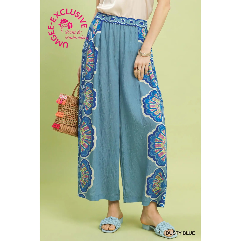 Boho Dusty Blue Wide-Leg Printed Palazzo Pants NWOT